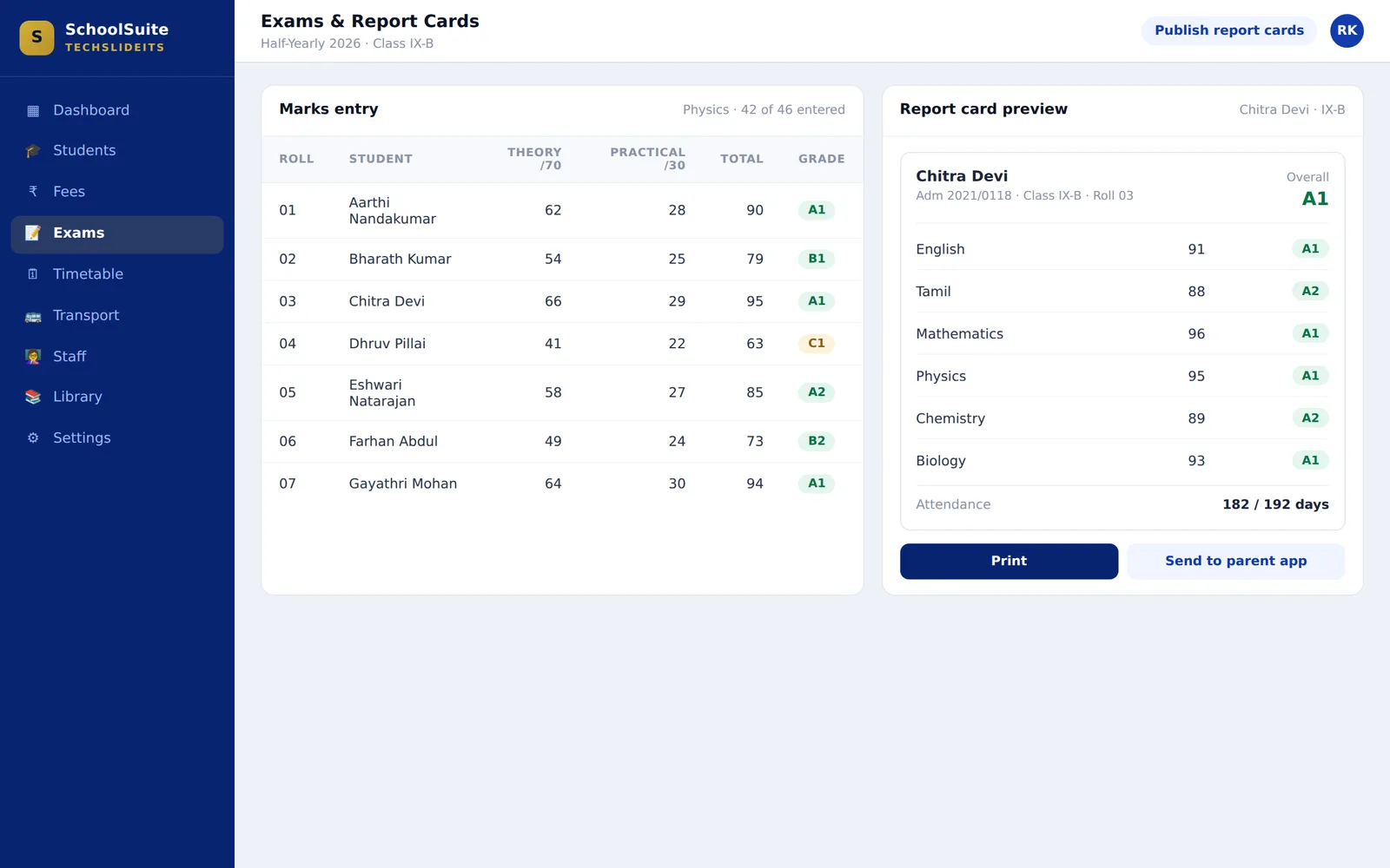 Exam marks entry for a subject alongside a report card preview showing subject-wise marks, grades and attendance