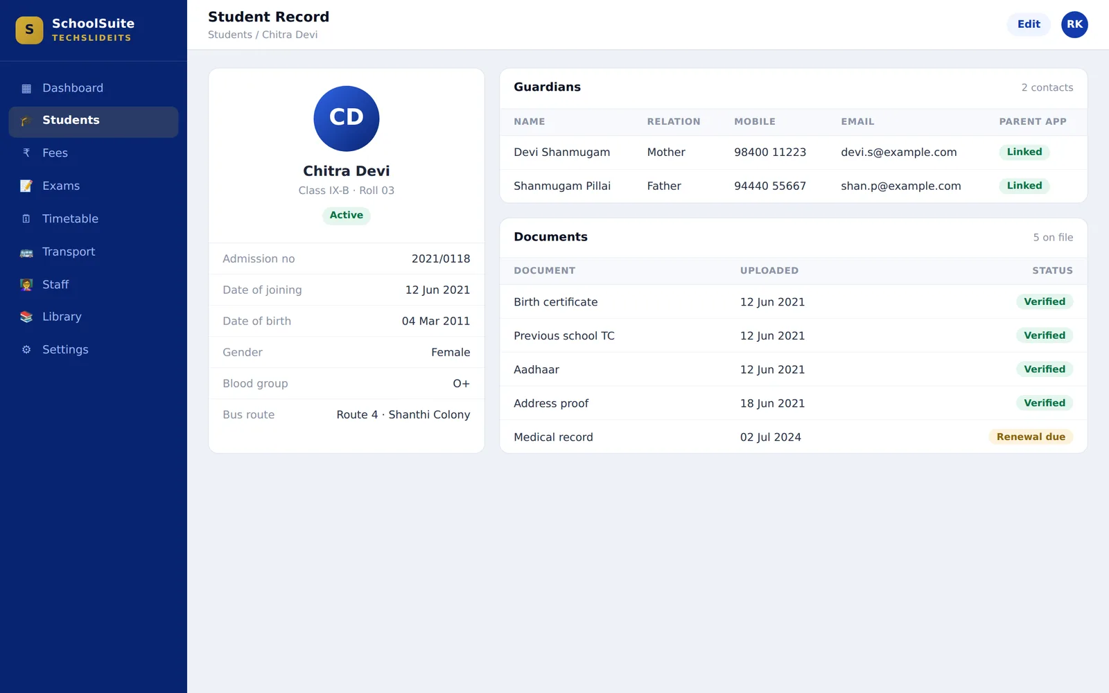 Student record showing admission number, date of joining, blood group and bus route alongside the guardians linked to the parent app and the documents held on file
