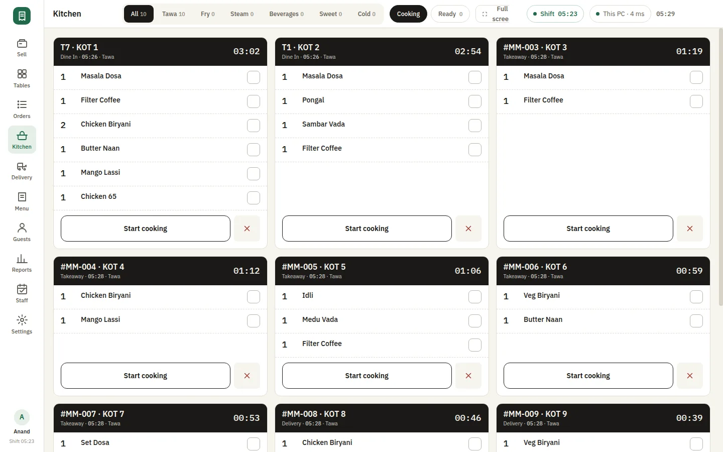 The SmartPOS kitchen display with nine live tickets, each timed and routed to a station