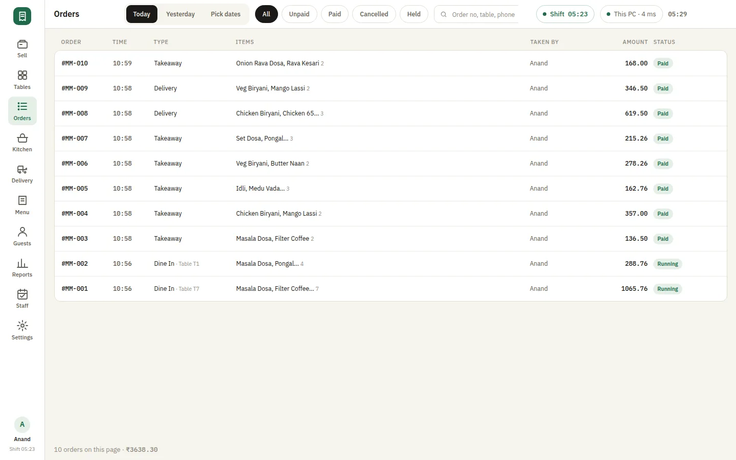 The SmartPOS orders list for the day, filtered by payment state