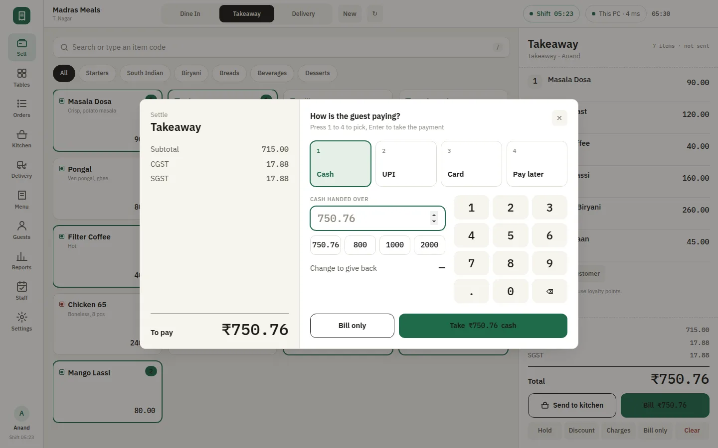 The SmartPOS payment dialog showing cash, UPI, card and pay-later with a numpad and the change due