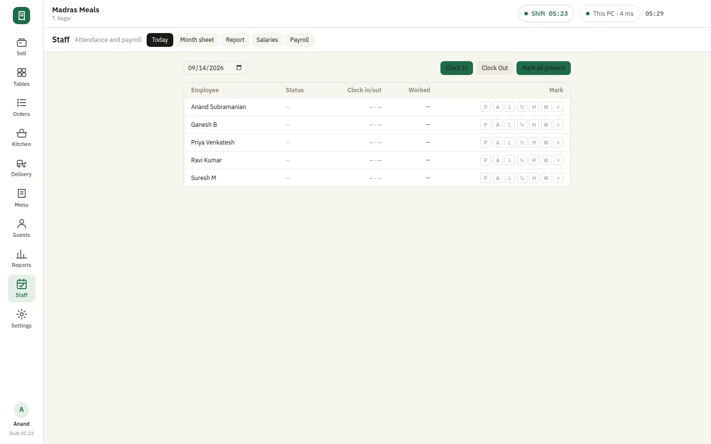 The SmartPOS staff screen with attendance and payroll